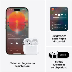 Estuche abierto y auriculares de los AirPods 4 con Cancelación Activa de Ruido de frente.