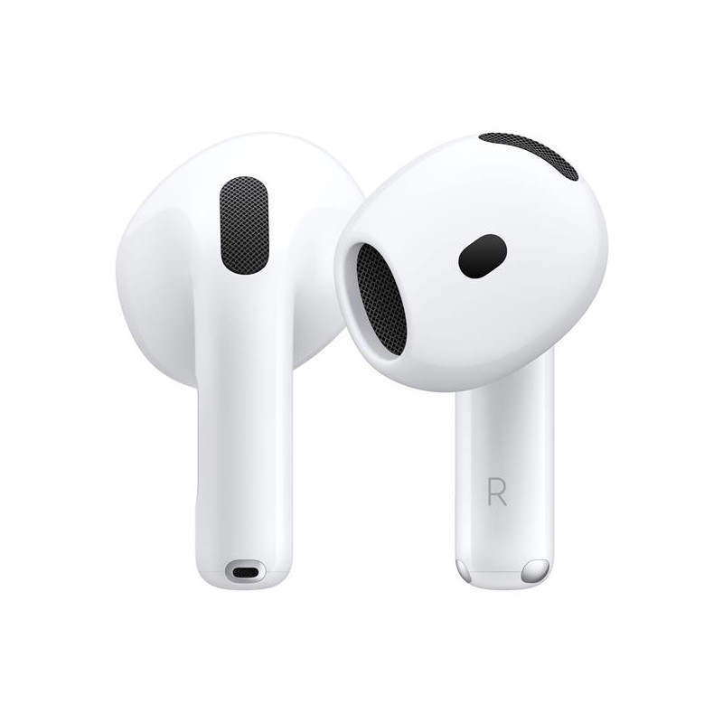 Estuche abierto y auriculares de los AirPods 4 con Cancelación Activa de Ruido de frente.