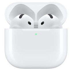 Estuche abierto y auriculares de los AirPods 4 con Cancelación Activa de Ruido de frente.