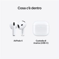 Estuche abierto y auriculares de los AirPods 4 con Cancelación Activa de Ruido de frente.